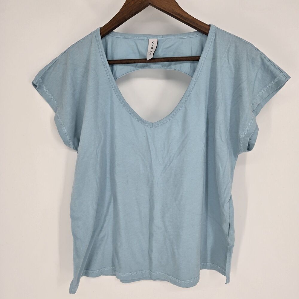 Varley Blue Top Pima Cotton Large Deep V Neck Open Back